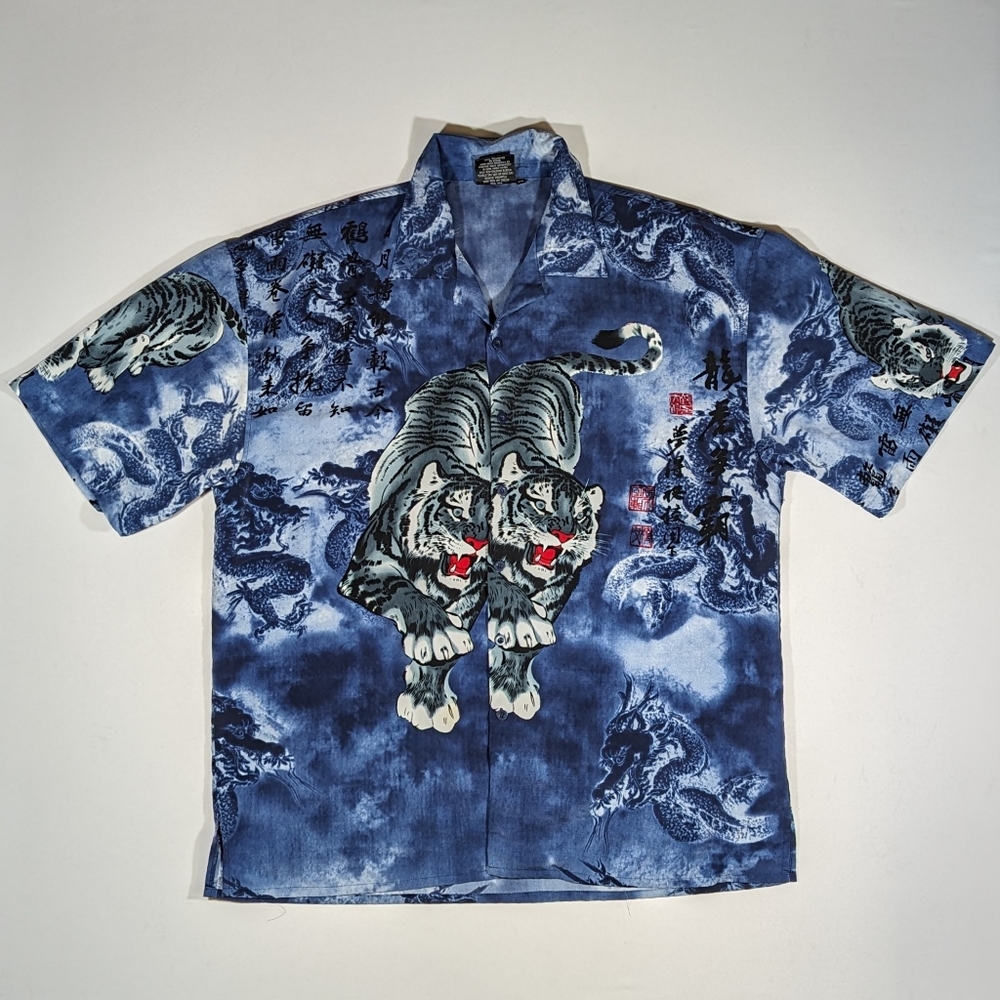 Vintage Y2K Relax Designs Japanese Polyester Shirt Size XXL Tigers Dragons Blue